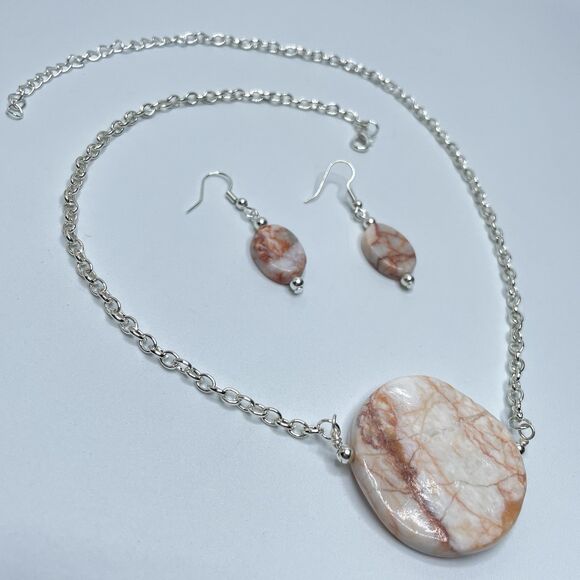 Artisan Red Vein Jasper Stone Gemstone Necklace Earrings Set Silver Tone Boho - Picture 3 of 9